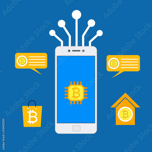 Concept Mobile bitcoin wallet and mobile payments easy to use and highly customizable. Modern vector illustration concept, isolated on colored background.