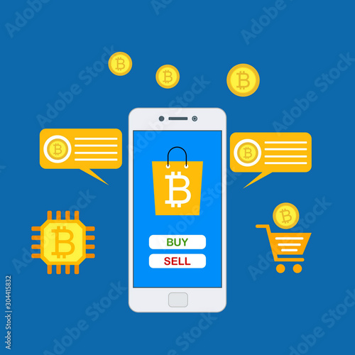 Concept Mobile bitcoin wallet and mobile payments easy to use and highly customizable. Modern vector illustration concept, isolated on colored background.