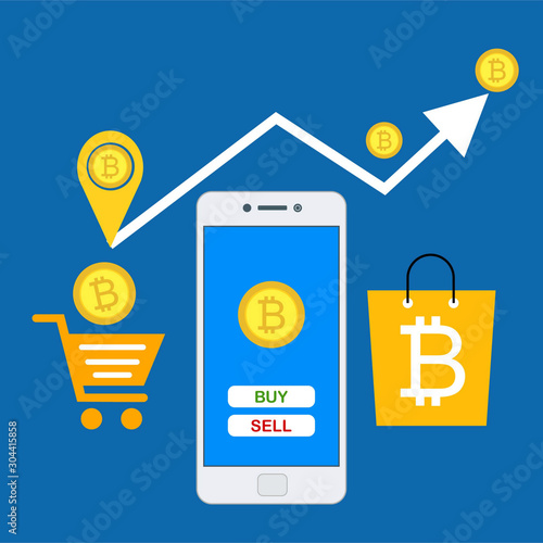 Concept Mobile bitcoin wallet and mobile payments easy to use and highly customizable. Modern vector illustration concept, isolated on colored background.