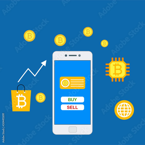 Concept Mobile bitcoin wallet and mobile payments easy to use and highly customizable. Modern vector illustration concept, isolated on colored background.