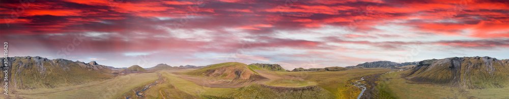 Fototapeta premium Amazing landscape of Landmannalaugar magnificent highlands in summer season, aerial view from drone, Iceland