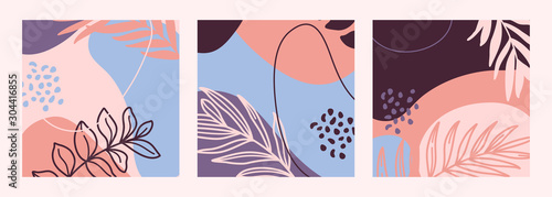 Set of Abstract print outline of the plants and geometric shapes in a minimal trendy style templates for social media post. Vector background collage art. For posters, postcards, Covers, prints.