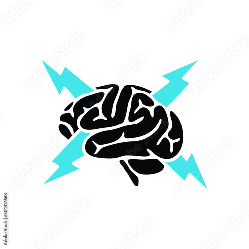 Brain with thunderbolt icon. bolt brain logo. brainstorming illustration.