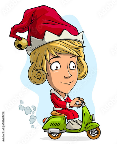 Cartoon cute funny blonde Santa Claus elf girl in costume and cap driving a retro scooter. Layered vector for animations. Isolated on white background. New Year and Christmas vector icon.