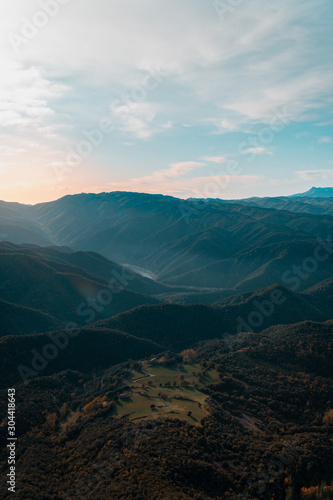 Views from the air of a sunrise in the mountains of Catalonia in autumn