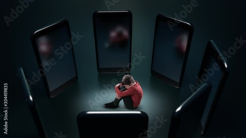 Young Boy Sitting and afraid a Big Formidable Phones. Cyber Bullying Concept. Outlaw, Outcast person. Bad dreams, nightmares, surrealistic world. Creative unique visual theme. Abusive messages.