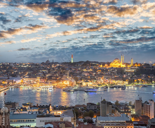 Istanbul skyline at sunset, aerial view from Beyoglu, Turkey