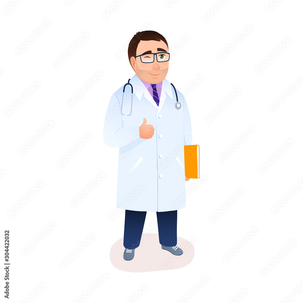 Flat doctor character in lab coat with stethoscope, medical folder, thumb up ok gesture isolated on white background. Cartoon young smiling happy physician in uniform. Healthcare vector illustration. Flat doctor character in lab coat with stethoscope, medical folder, thumb up ok gesture isolated on white background. Cartoon young smiling happy physician in uniform. Healthcare vector illustration.
