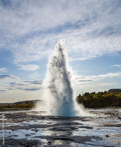 Iceland, September 27, 2019, Icelandic Geyser Strokkur. Great tourist attraction on Golgen Circle Iceland. Vsible geyser valley