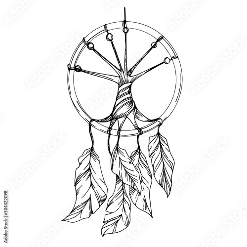 Vector Fether dreamcatcher. Black and white engraved ink art. Isolated dream catcher illustration element.