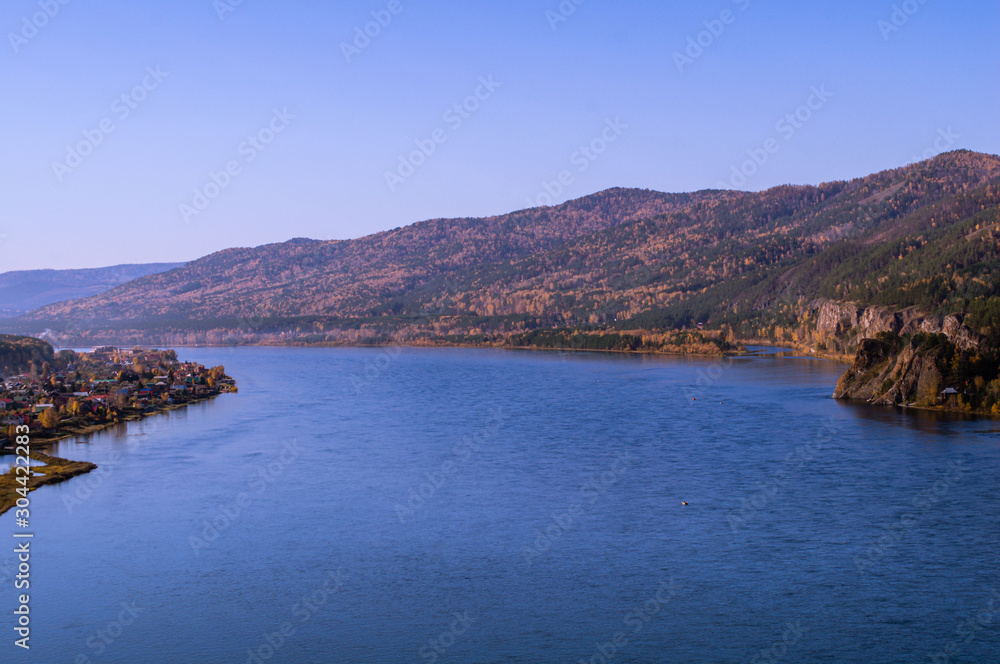 mountains in autumn and Yenisei river mountains in autumn and Yenisei river