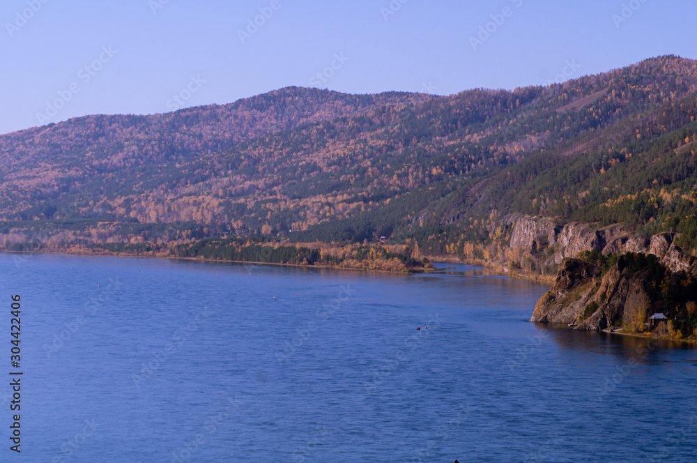 Yenisei river and mountains in autumn