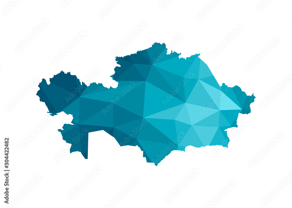 Vector isolated illustration icon with simplified blue silhouette of Kazakhstan map. Polygonal geometric style, triangular shapes. White background