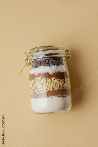 Photography Chocolate chips cookie mix in glass jar