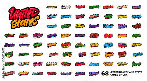 Vector collection of 68 lettering city and state names of USA