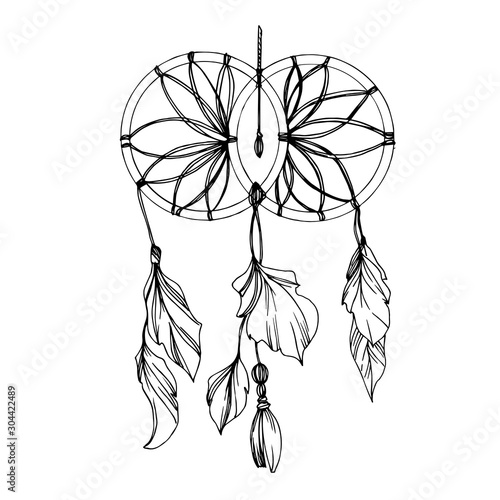 Vector Fether dreamcatcher. Black and white engraved ink art. Isolated dream catcher illustration element.
