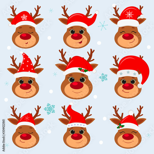 Happy New Year and Merry Christmas. Set of nine cute reindeer in Santa s hat on a winter background. Cartoon, flat style, vector