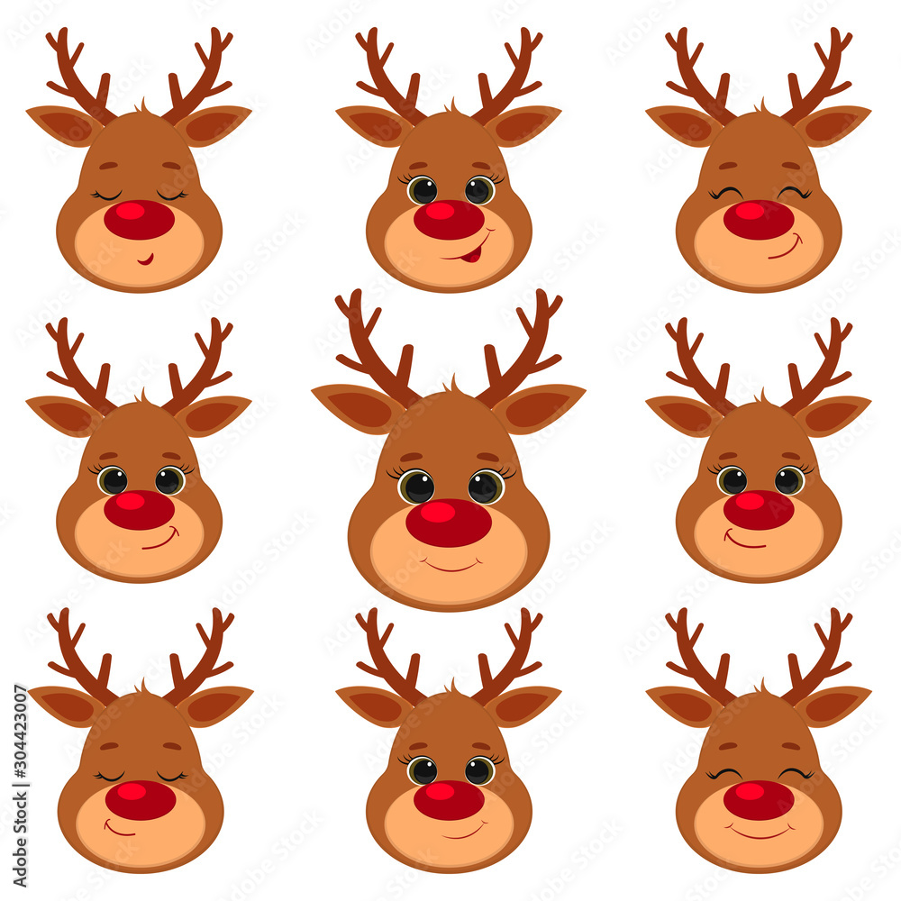 Collection, set of nine cute reindeer head isolated on a white background. Joyful, happy, sleeping, smiling. Cartoon, flat style, vector Collection, set of nine cute reindeer head isolated on a white background. Joyful, happy, sleeping, smiling. Cartoon, flat style, vector