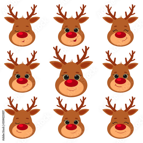 Collection  set of nine cute reindeer head isolated on a white background. Joyful  happy  sleeping  smiling. Cartoon  flat style  vector
