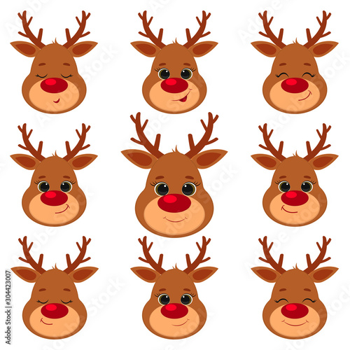 Collection, set of nine cute reindeer head isolated on a white background. Joyful, happy, sleeping, smiling. Cartoon, flat style, vector