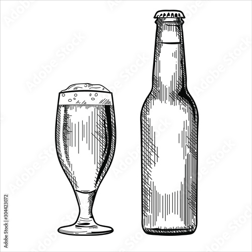 Set of the beer bottle and glass vector illustration, hand drawn sketch style 