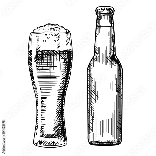 Set of the beer bottle and glass vector illustration, hand drawn sketch style 