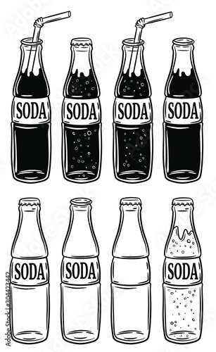 set of the different bottles with soda, vector hand drawn illustration
