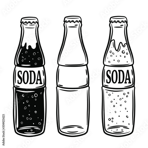 set of the different bottles with soda, vector hand drawn illustration