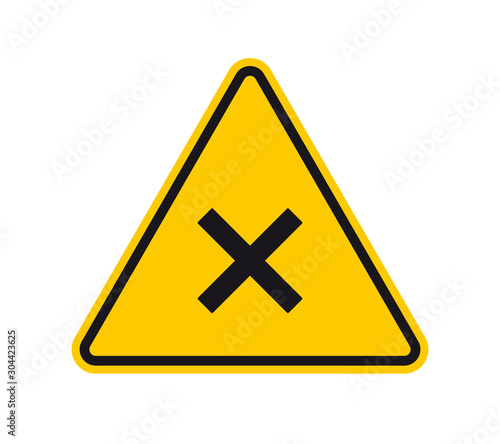Vector yellow triangle sign - black silhouette cross. Isolated on white background.