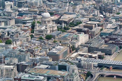 Aerial view of St Paul Cathedral and city skyline from a high vantage point