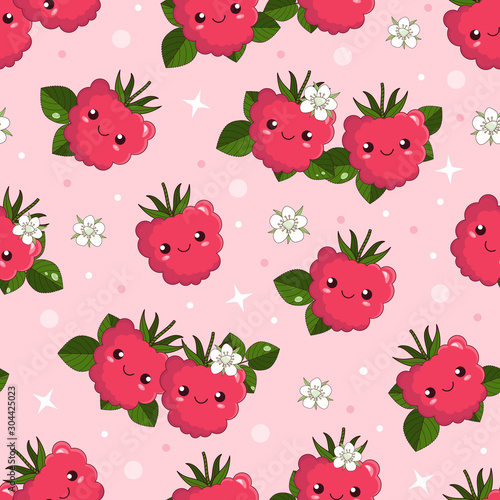 smiling cute cartoon berries of raspberry, seamless vector background for kids