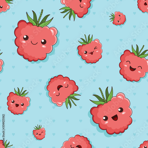 smiling and laughing cute cartoon raspberries, seamless background with the fruits and the hearts