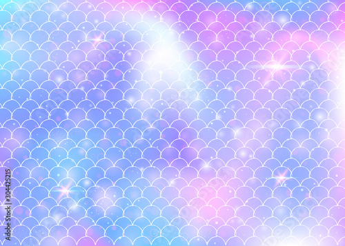 Rainbow scales background with kawaii mermaid princess pattern. Fish tail banner with magic sparkles and stars. Sea fantasy invitation for girlie party. Multicolor backdrop with rainbow scales.