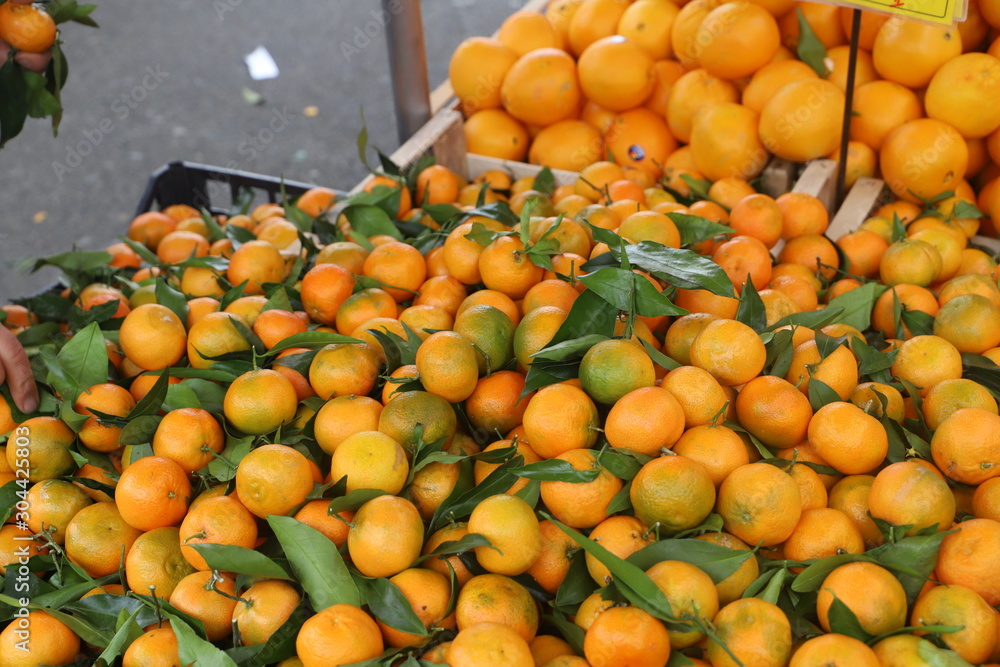 close up of mandarins displayed on the market