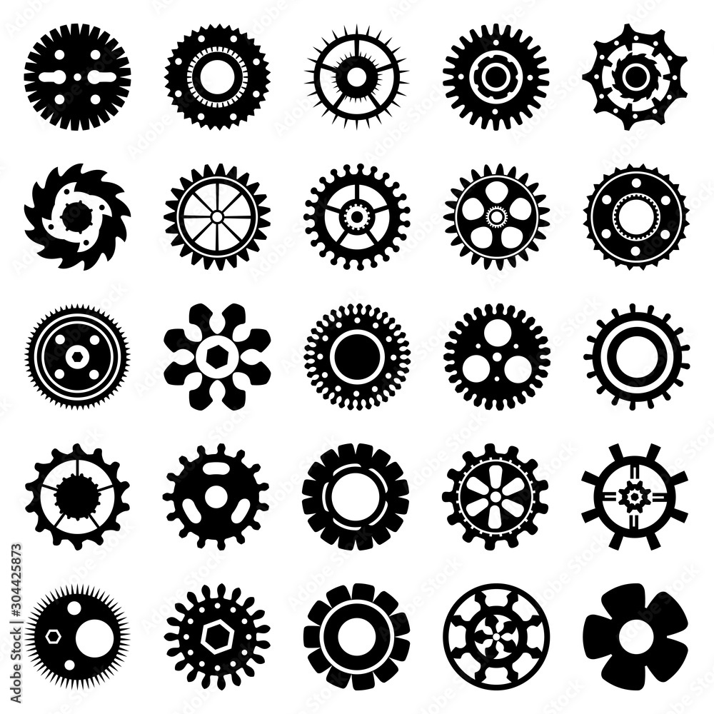 Silhouettes of gears and cogs, vector collection of gearwheels and screw-wheels Silhouettes of gears and cogs, vector collection of gearwheels and screw-wheels