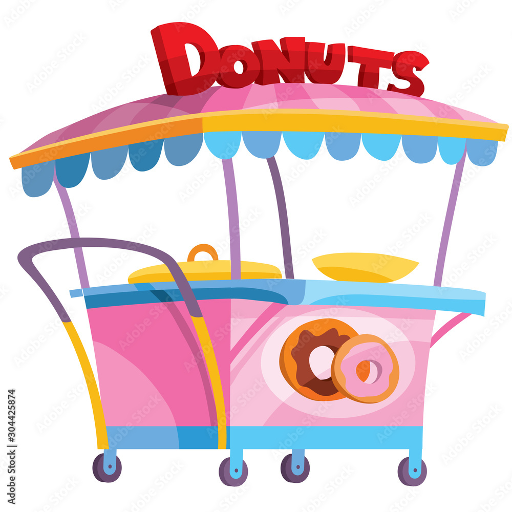 pink food cart selling donuts, isolated object on a white background,