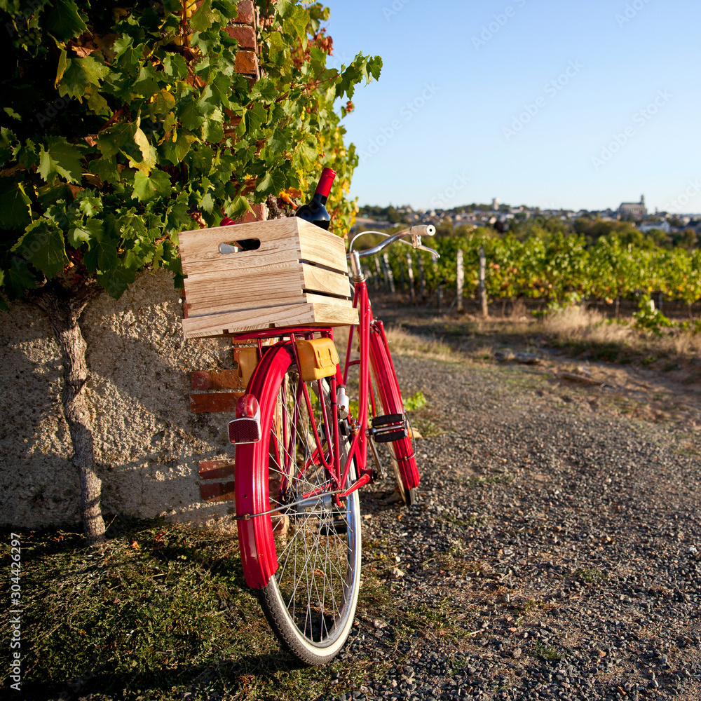 Vélo rouge dans les vignes en France. Paysage de campagne