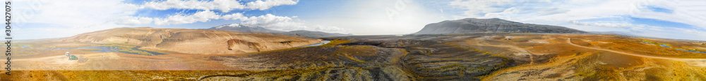 Amazing landscape of Landmannalaugar magnificent highlands in summer season, panoramic aerial view from drone, Iceland