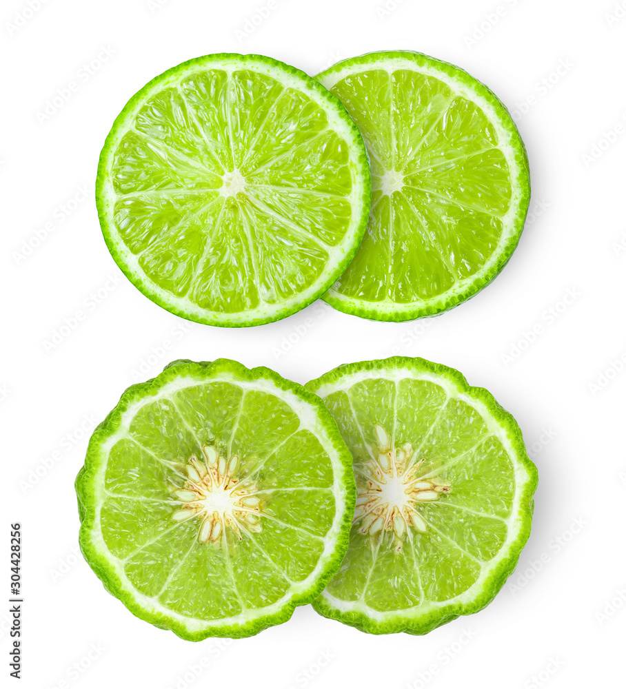  bergamot or kaffir slice and lime isolated on white background
