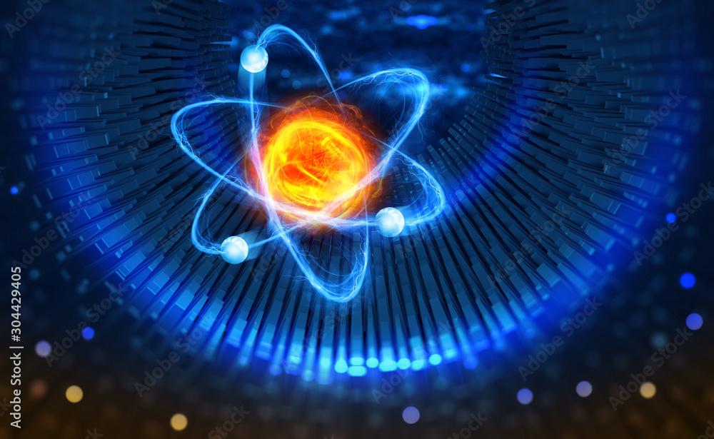 Scientific concept. Genious idea. Breakthrough research. 3D illustration of an atom on the background - obrazy, fototapety, plakaty 