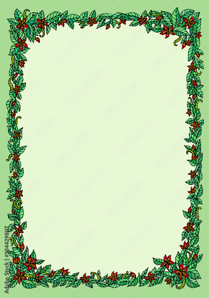 Frame, border of colorful flowers and leaves on green background.