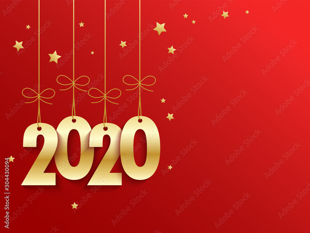 Metallic gold 2020 suspended on red vector background