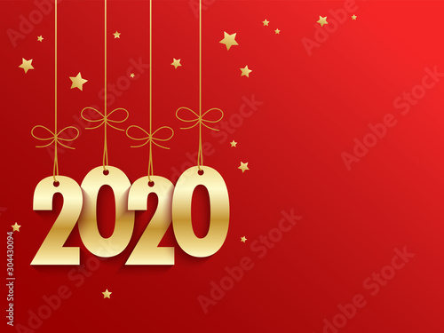 Metallic gold 2020 suspended on red vector background