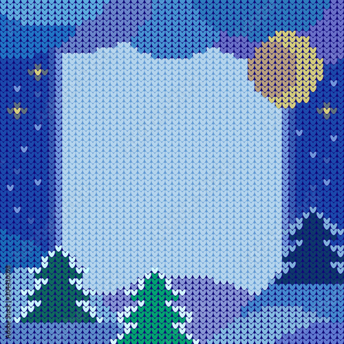 Square knitted frame, background with winter night landscape.
