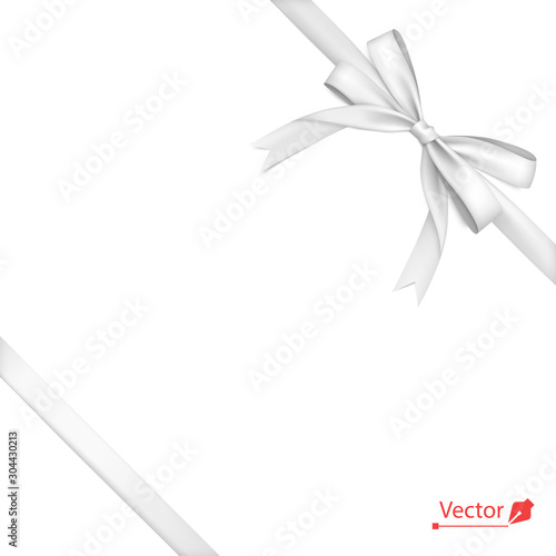 White, silver isolated ribbon with bow tied to corner with a knot. Gift. Vector illustration.