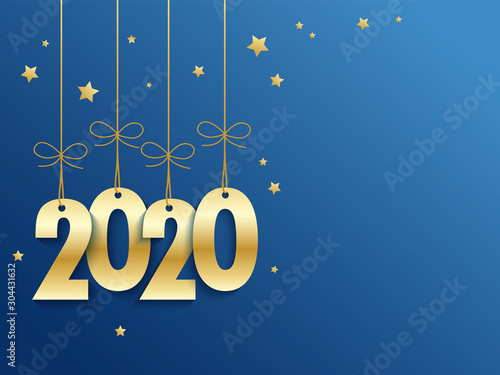 Gold metallic 2020 suspended on wide blue vector background