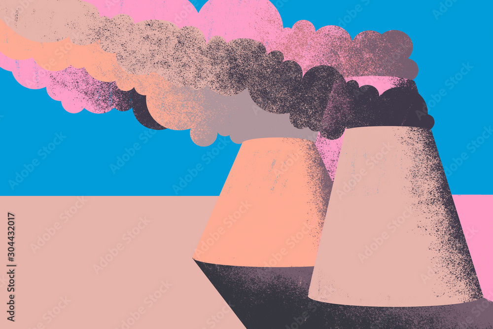 The climate crisis. Big air pollution towers expel smoke and contamination. Colorful illustration. - obrazy, fototapety, plakaty 