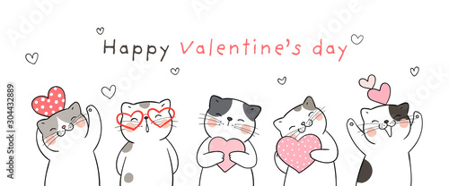 Draw banner cute cat for Valentine's day.