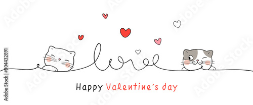 Draw banner cat with line little heart for Valentine's day.
