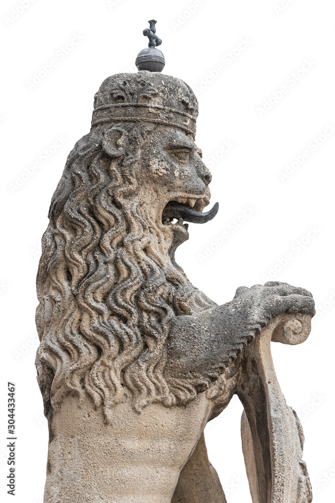 Ancient statute of powerful lion with royal crown in downtown of Vienna, Austria, isolated at white background, details, closeup